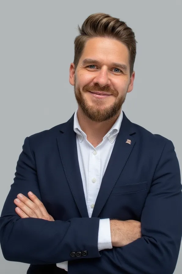 Roland Pitzl, Bürgermeisterkandidat der AWG Pfaffenhofen an der Glonn im Anzug vor grauem Hintergrund