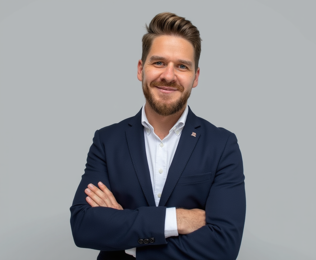 Roland Pitzl, Bürgermeisterkandidat der AWG Pfaffenhofen an der Glonn im Anzug vor grauem Hintergrund